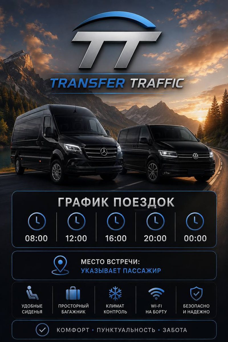 Расписание поездок TRANSFER TRAFFIC: рейсы в 08:00, 12:00, 16:00, 20:00, 00:00